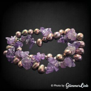 Amethyst Chip and Freshwater Pearl Double Strand Stretch Bracelet